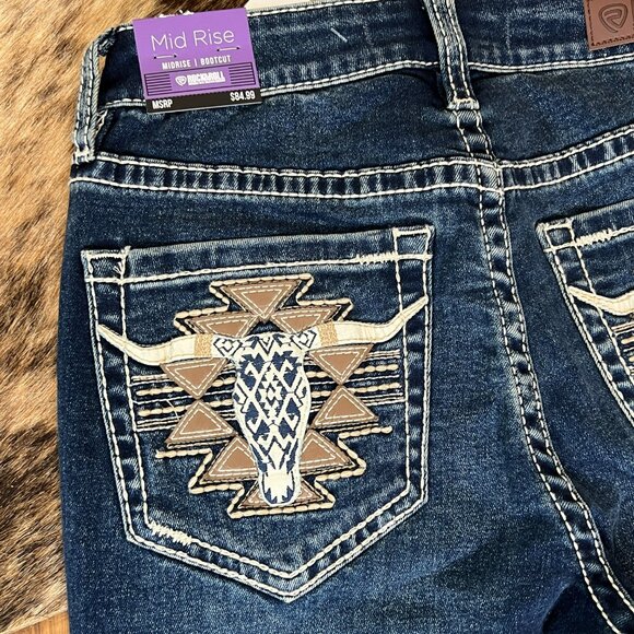 NEW ROCK & ROLL Denim Midrise Bootcut Aztec Longhorn Women's Riding Jeans 26x34 - Picture 8 of 12